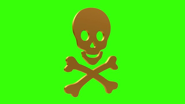 Seamless loop of a 3D golden skull with crossbones rotating on a green screen background. High-quality 4K animation for pirate, danger, or treasure-themed video projects and creative montages.