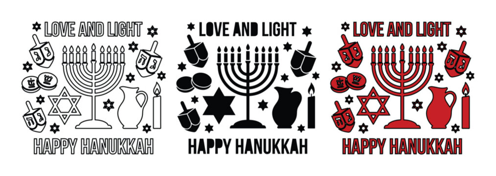 Happy Hanukkah vector set with menorah and dreidel icons, Love and Light holiday greeting designs, Jewish festival of lights illustrations in three styles
