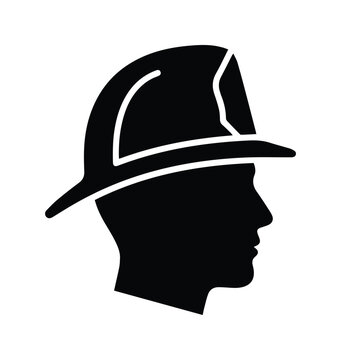 Firefighter profile silhouette vector icon, fireman head wearing traditional protective helmet, black and white emergency responder symbol