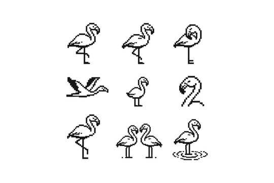 Collection of pixel art flamingos in various poses and styles