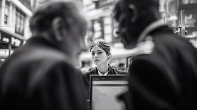 Black and White Candid Portrait of Professional Staff Providing Customer Service