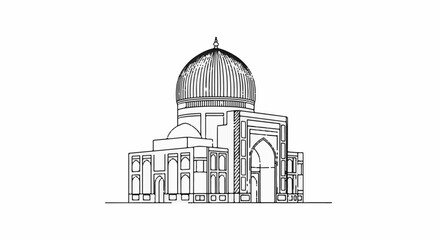 Fototapeta premium Stylized line drawing of a domed building with arched entrances and ornamental details