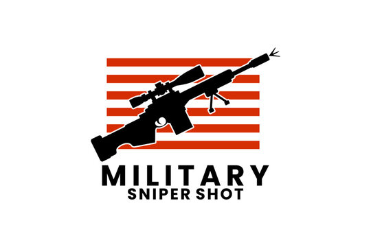 Military Sniper Rifle Silhouette with Red Stripes Logo Design Illustration