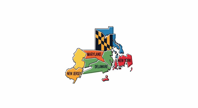 Stylized map outlines of New Jersey, Delaware, Maryland, and New York