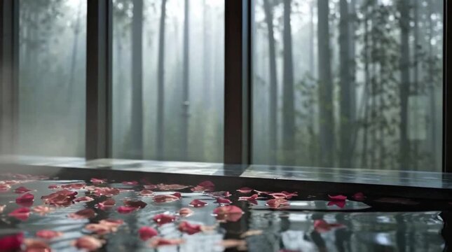 A beautiful bath with petals on the surface of the water and a misty forest view through the window