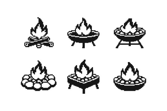 Collection of pixel art campfire and fire pit icons for outdoor ambiance