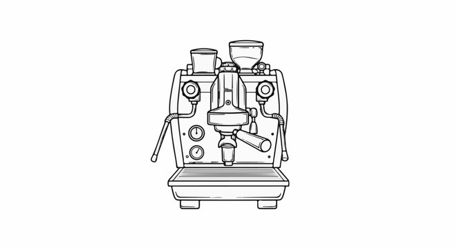 Stylized line drawing of a professional espresso machine with dual hoppers