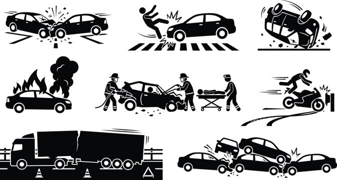 Vector illustration set featuring silhouettes of different animals alongside a diverse collection of car, truck, and van transport icons for creative vehicle and logo design