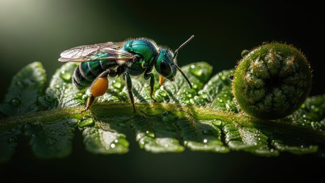 A vibrant green bee stands on a wet leaf in nature