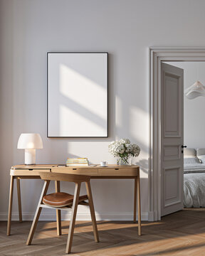 Modern Living Room Poster Frame Mockup with Natural Light and Minimalist Decoration. 3D render.