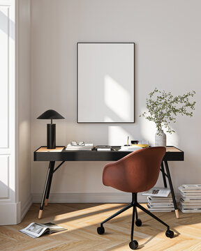 Modern Living Room Poster Frame Mockup with Natural Light and Minimalist Decoration. 3D render.