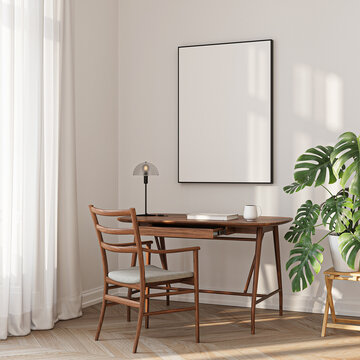 Modern Living Room Poster Frame Mockup with Natural Light and Minimalist Decoration. 3D render.