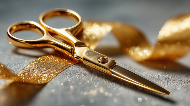 Golden scissors with reflective blades lie on a sparkling gold ribbon, conveying concepts of success and achievement