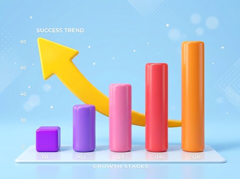 Colorful 3D bar chart showing growth stages with success trend arrow on light blue background with white dots