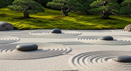 Naklejka premium A serene Japanese garden with meticulously raked sand and stones surrounded by lush greenery and trees.