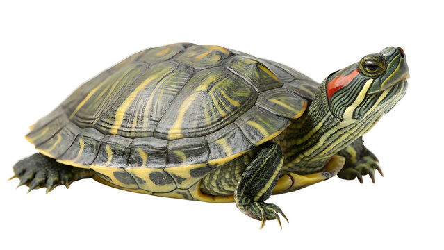 Detailed isolated red eared slider turtle with yellow green shell and orange markings walking on white background