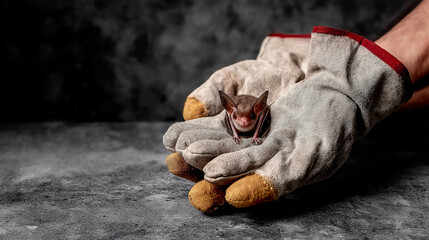 Obraz premium Person holding tiny bat in cupped protective gloves symbolizing wildlife rescue, conservation, and animal care