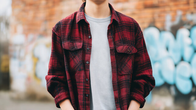 Person wearing red plaid shirt standing against urban brick wall with graffiti, depicting casual youth fashion