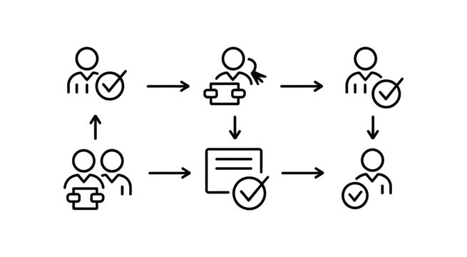 Business workflow flowchart illustration, document handling and approval icons, process mapping, task flow, decision points, operational efficiency and management concept.