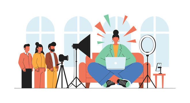 Content creators team, social media influencer, recording video, photography studio setup, online broadcasting