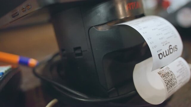 Thermal receipt printer spitting out order ticket at cafe register, closeup of paper roll with barcode and printed code, cables and soft ambient light, visible printhead detail and transaction stub