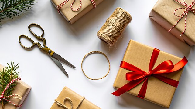 Christmas gift wrapping setup with presents scissors twine and festive decoration on table  