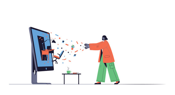 Flat design illustration, man watching TV, colorful graphics exploding, modern living room