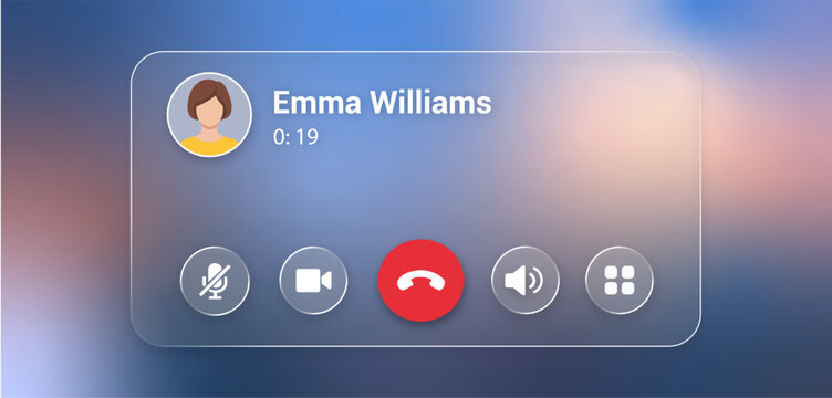 Glassmorphism video call UI with user avatar and call control icons on blue gradient background, incoming call screen and audio call interface mockup