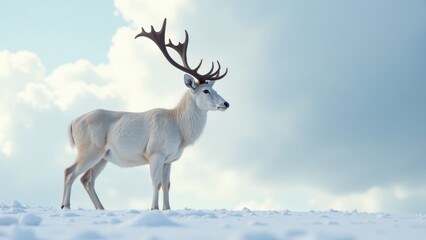 Naklejka premium A majestic white deer stands proudly in the snow, its antlers towering above the winter landscape