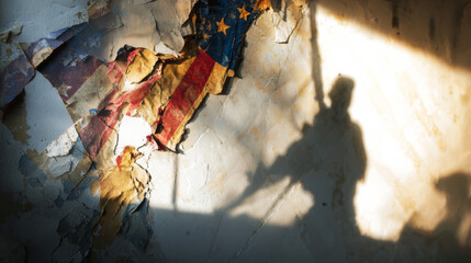 Obraz premium Soldier shadow on a textured, peeling wall revealing a torn flag. Exploring themes of war, history, and patriotism