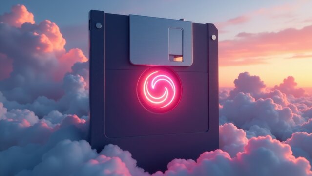 A floppy disk floating in the clouds with a glowing smiley face, perfect for use as a whimsical design element or to represent innovation and progress