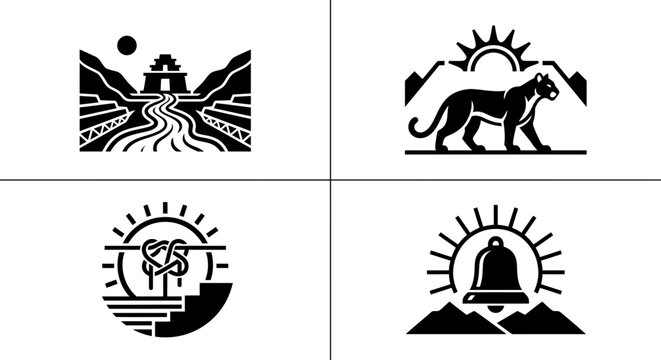 Andean heritage line icon set with temple sun and dance symbols