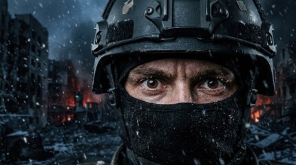 Obraz premium Intense Soldier Portrait in War-Torn Urban Environment with Smoke