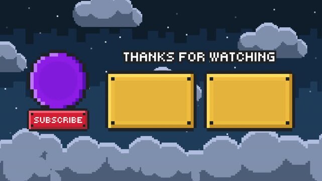 Retro pixel night outro with left character circle and dual video panels clean thanks for watching gaming end screen Prores 4K 60fps