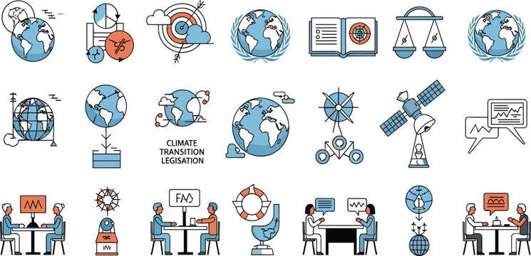 Climate Transition and Global Governance Illustration Featuring Legislation Climate Data Monitoring Earth Systems and International Collaboration