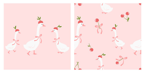 Cute goose with cherry and ribbon seamless pattern pastel pink animal background design. © Thanawat