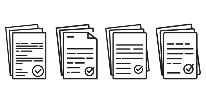 Four documents with checkmark icon, business papers with approved stamp, legal contracts, forms and reports confirmation, success symbol on white background