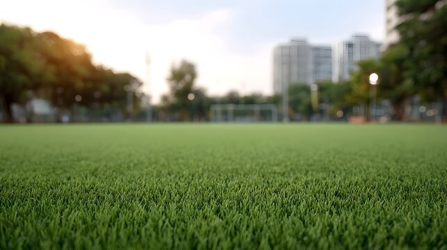 Eye level view of green turf on an empty sports field providing a crisp foreground against a soft blurred outdoor backdrop