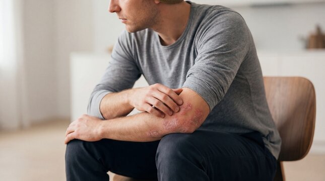 Man with psoriasis on elbows sitting in modern interior space  