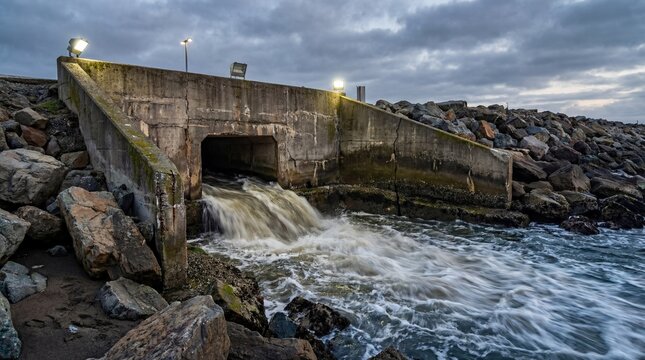 Storm drain ocean outfall with water flowing to sea during twilight  