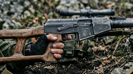 Obraz premium Detailed Close-Up of Soldier Holding Rifle in Natural Environment