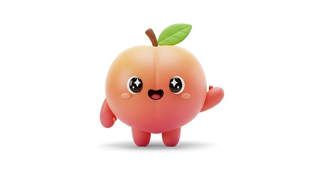 A cheerful cartoon peach character with expressive eyes, leaf, stem, and small arms, waving and smiling, on a white backdrop