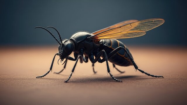 A close-up view of a black wasp with yellow wings standing on a flat surface