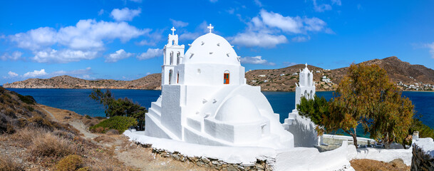 Agia Irini authentic Church Ios Greece Panorama, Traditional White Orthodox Chapel with Blue Dome on Seaside Hill, Isolated Coastal Landmark with Aegean Sea View and Neighboring Islands 11K High Res