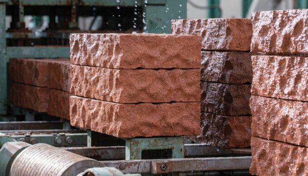 Medium angle on textured bricks forming on an assembly line showcasing the natural finish and environmentally conscious binder technology in modern brick production.