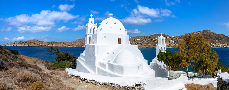 Agia Irini authentic Church Ios Greece Panorama, Traditional White Orthodox Chapel with Blue Dome on Seaside Hill, Isolated Coastal Landmark with Aegean Sea View and Neighboring Islands 11K High Res