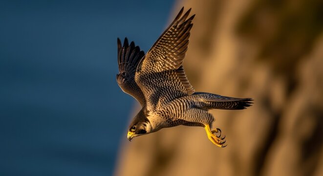 A large bird of prey soars through the air with outstretched wings and a blurred background