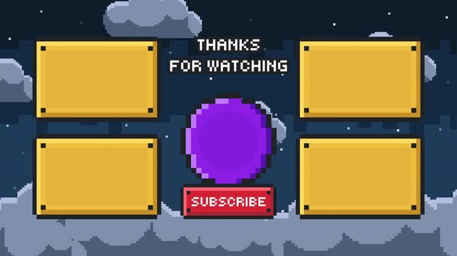 Pixel art gaming end card with multiple panels and centered subscribe circle dynamic night sky thanks for watching screen Prores 4K 60fps
