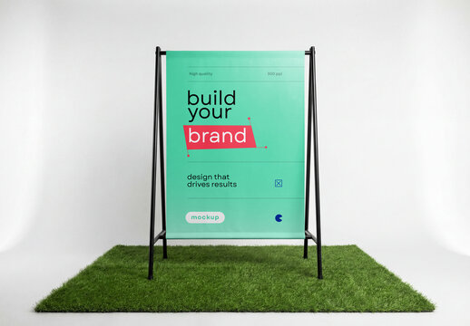 Outdoor Vertical Branding Banner Stand Mockup with Metal Frame on Grass