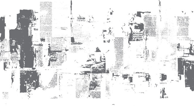 Gray distressed newspaper collage with torn pages and text fragments on white background grunge